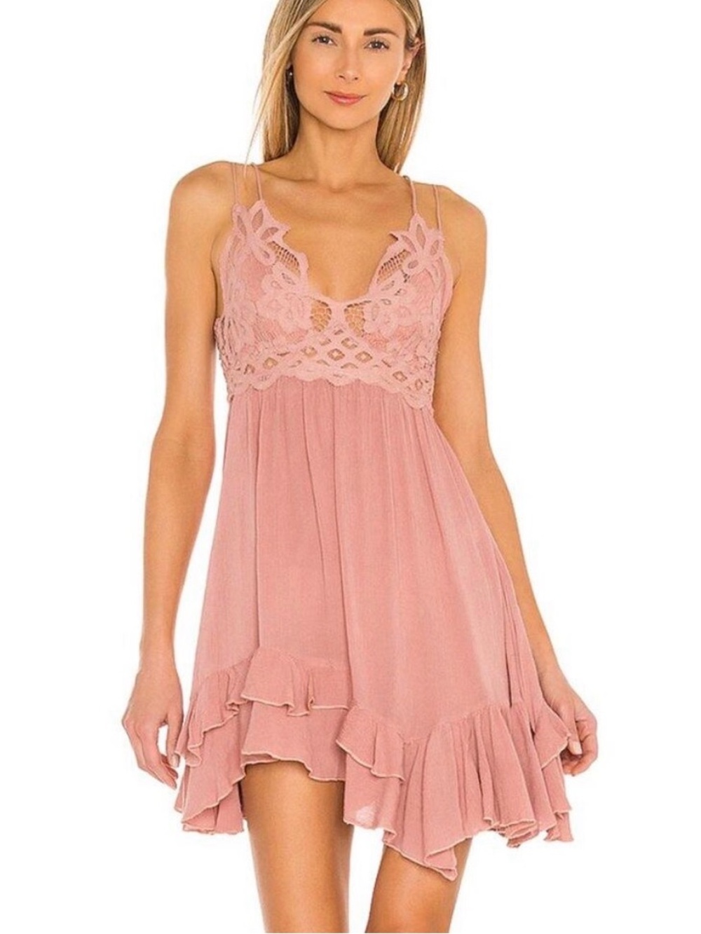 FREE PEOPLE Adella Slip Dress Size Small Rose Pink Ruffle Hem Crochet Detail NWT